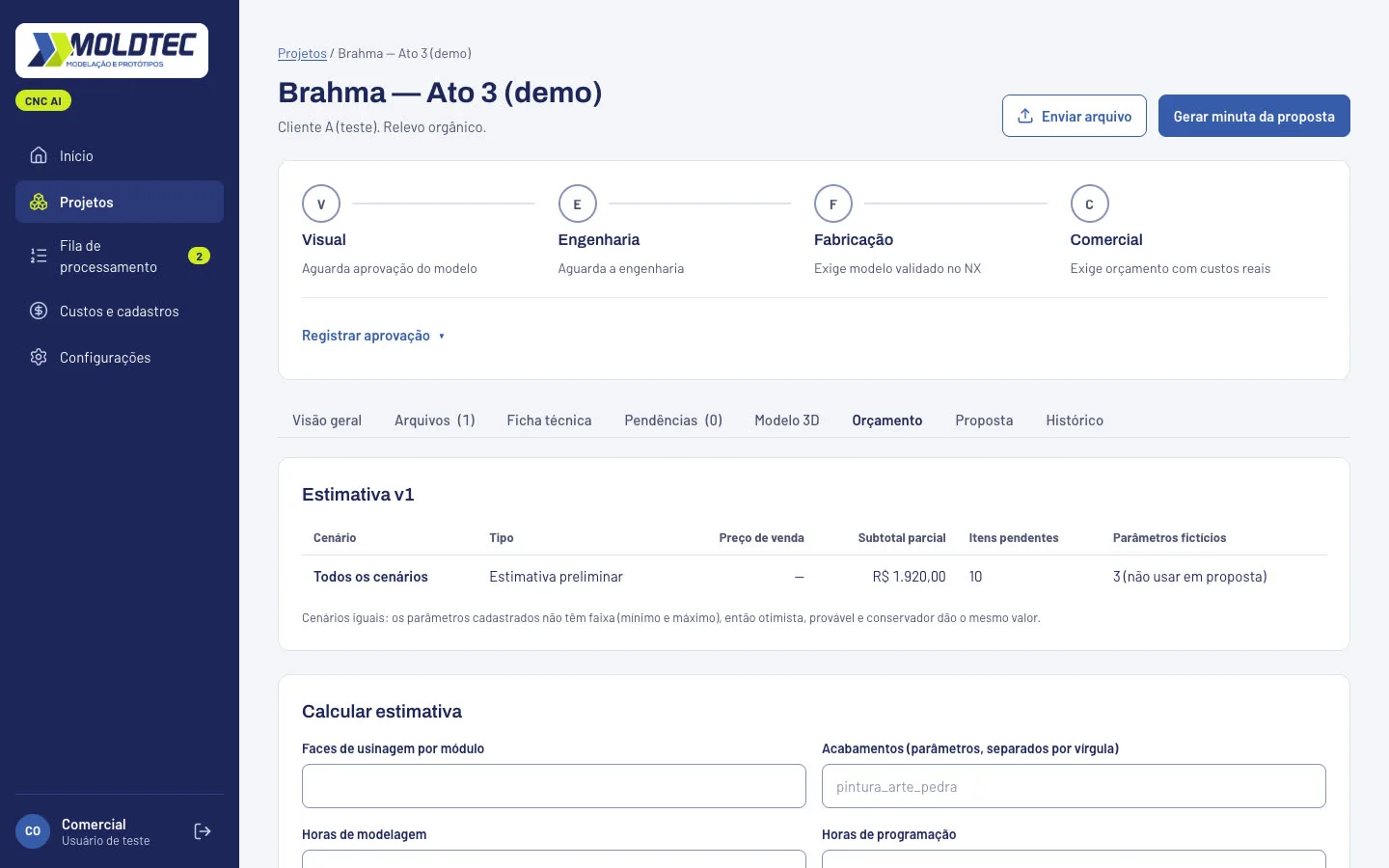 Aba de orçamento com a estimativa e os parâmetros de cálculo de horas e acabamentos (dados de demonstração)