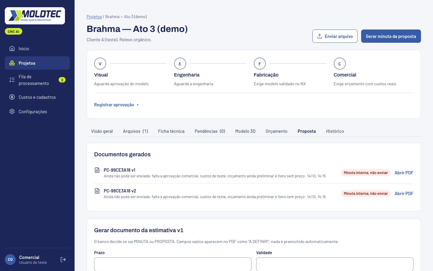 Aba de proposta com as minutas geradas e o motivo pelo qual ainda não podem ser enviadas (dados de demonstração)