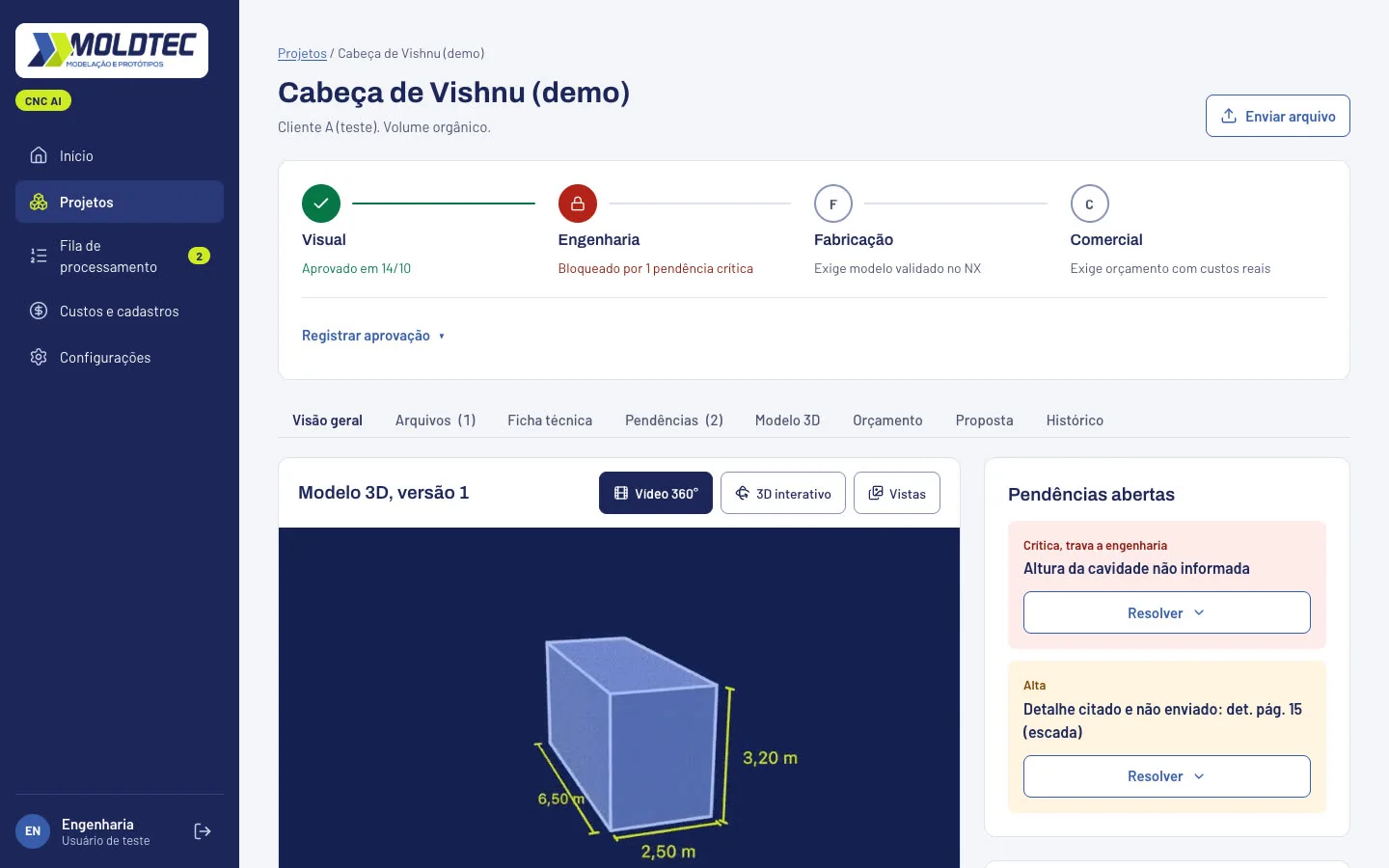 Projeto no sistema de orçamento da Moldtec com as etapas de aprovação visual, engenharia, fabricação e comercial, o modelo 3D com cotas e as pendências abertas (dados de demonstração)