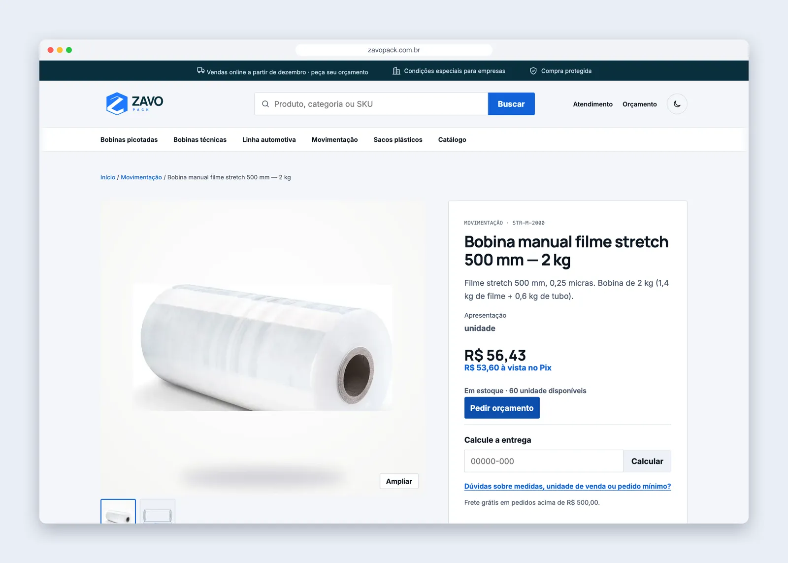 Página de produto da loja da Zavo Pack com a bobina de filme stretch, a apresentação de venda, o preço, o estoque disponível e o cálculo de entrega pelo CEP