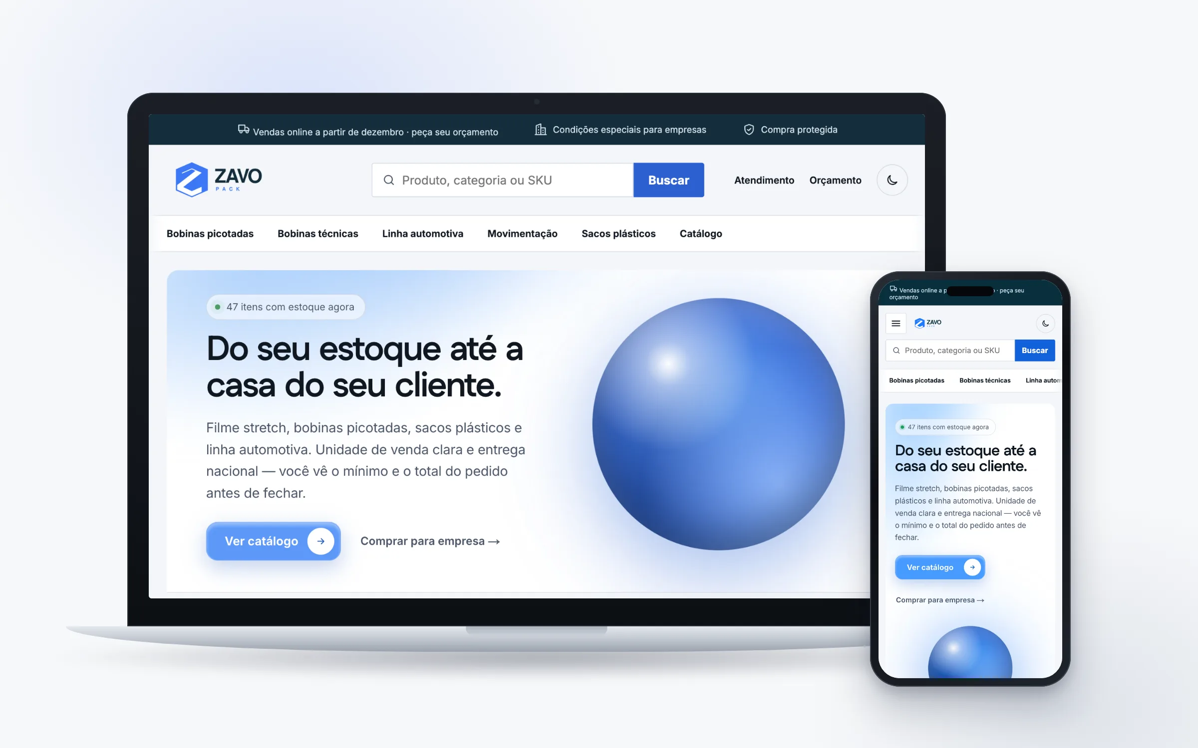 Página inicial da loja da Zavo Pack no computador e no celular, com a busca por produto, as categorias de embalagem e o botão para ver o catálogo