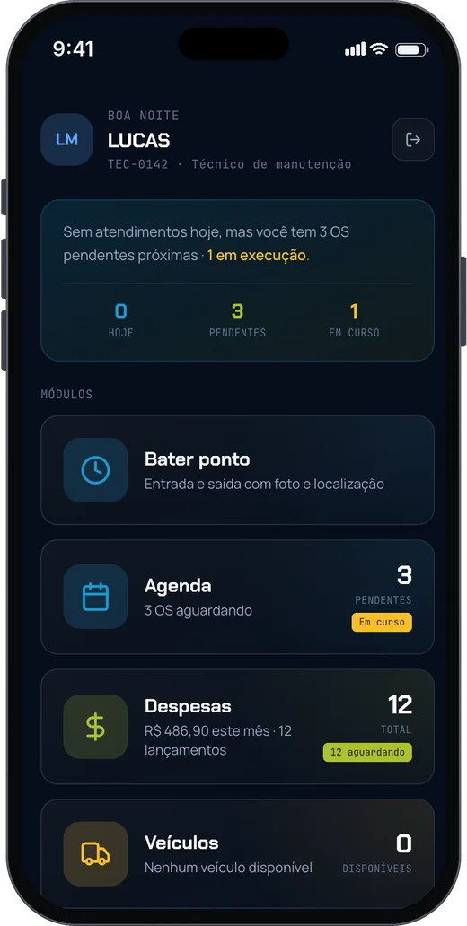 Tela Início do aplicativo de campo