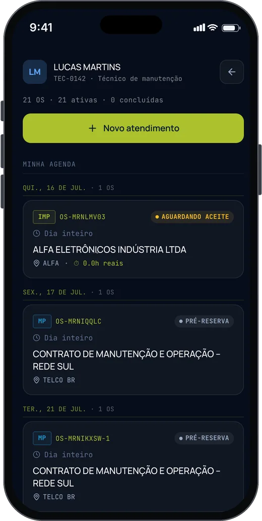Tela Agenda de OS do aplicativo de campo