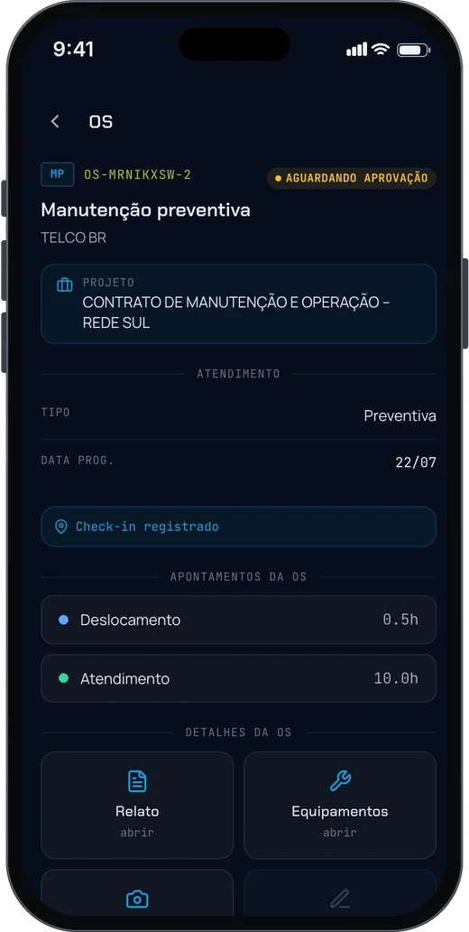 Tela Detalhe da OS com check-in do aplicativo de campo