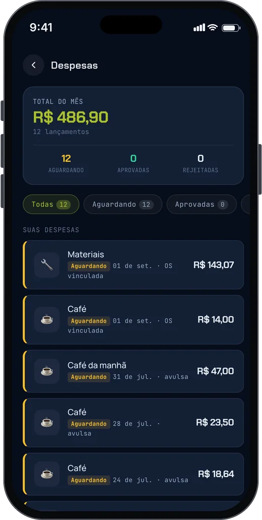 Tela Despesas do aplicativo de campo