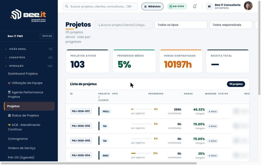 Tela Projetos do Bee IT PMS